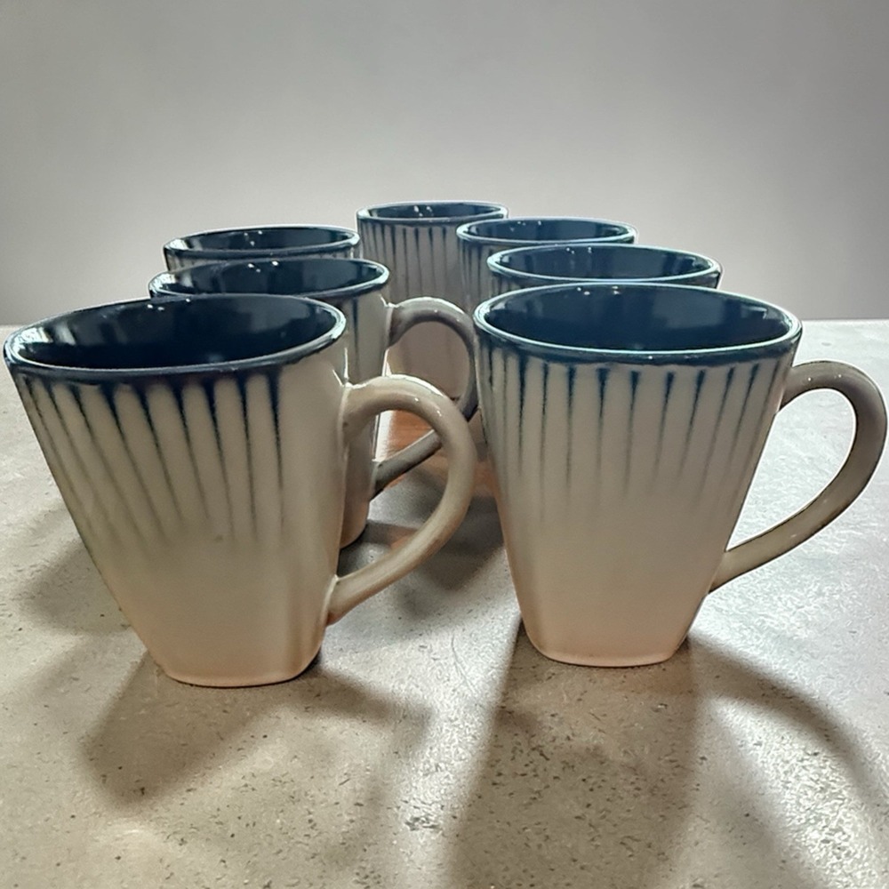 Threshold Bamboo Stoneware Mug Set of 7 Blue Interior Cream Ribbed Coffee Cups